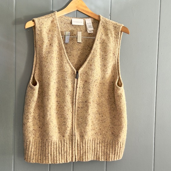 90s vintage wool blend vest Liz Claiborne XL zip front speckled oatmeal knit - Picture 1 of 9